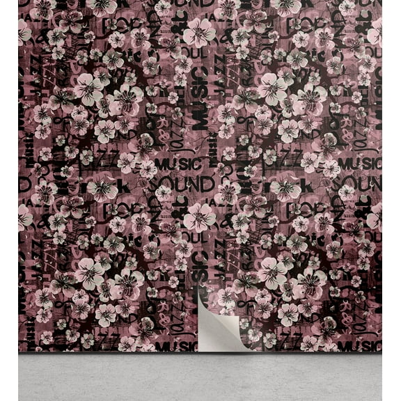 Ambesonne Floral Design Peel & Stick Wallpaper for Home, Music Sound Writing, 13"x36", Pale Pink Charcoal Grey