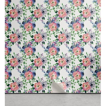 Ambesonne Floral Design Peel & Stick Wallpaper for Home, Peony Lilac Pattern, 13"x36", Coral Fern Green Cream