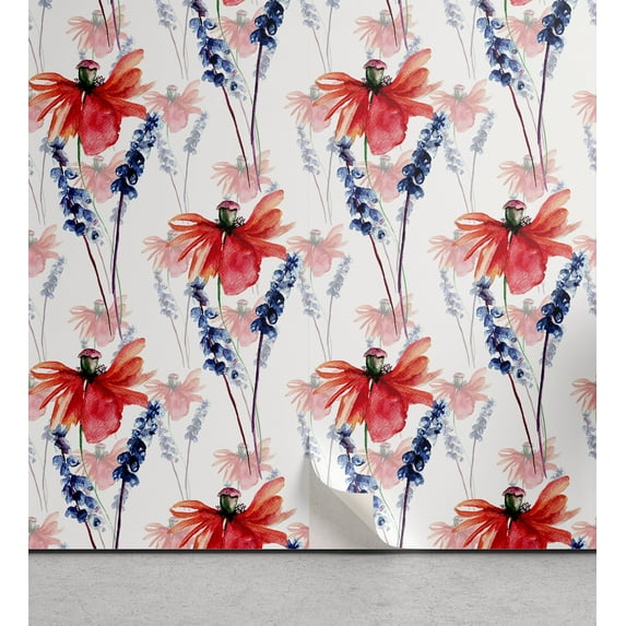 Ambesonne Floral Design Peel & Stick Wallpaper for Home, Poppy Petals Wild Art, 13"x100", Burnt Sienna Blue Violet