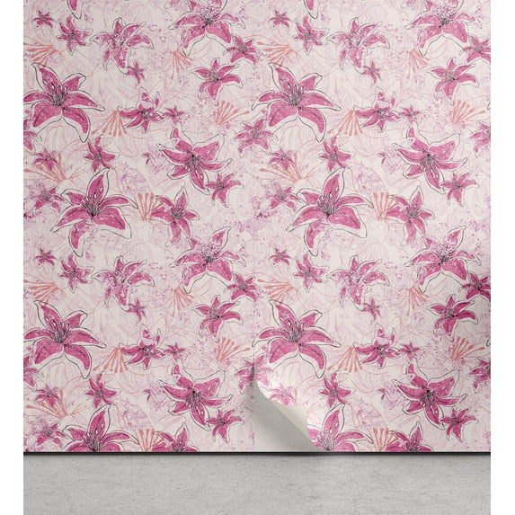 Ambesonne, Floral Design Peel & Stick Wallpaper for Home, Retro Lily Flowers, 13"x100", Hot Pink Coral and Soft Pink