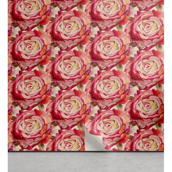 Ambesonne Floral Design Peel & Stick Wallpaper for Home, Retro Rose Pattern, 13"x36", Dark Coral Peacock Green