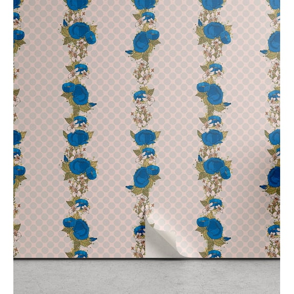 Ambesonne, Floral Design Peel & Stick Wallpaper for Home, Rose Peony Art Dots, 13"x36", Blush Cobalt Blue
