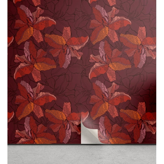 Ambesonne Floral Design Peel & Stick Wallpaper for Home, Spots Simple Flowers, 13"x100", Dark Coral Vermilion Ruby