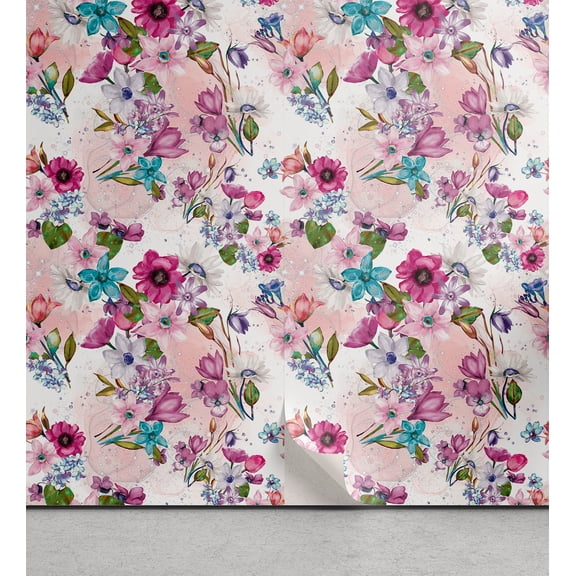 Ambesonne Floral Design Peel & Stick Wallpaper for Home, Spring Dreamy Flowers, 13"x36", Magenta Turquoise Blush