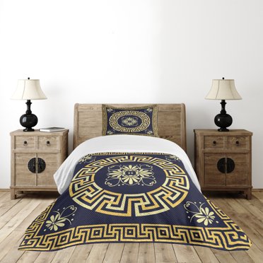 Ambesonne Floral Design Quilted Bedspread Set 2 Pcs, Retro Spring Meander, Twin Size, Indigo Yellow