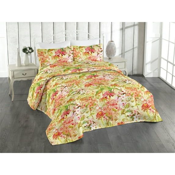 Ambesonne Floral Design Quilted Bedspread Set 3 Pcs, Asian Flowers Dreamy, Twin, Apple Green Coral