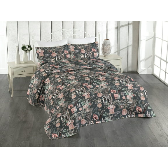 Ambesonne Floral Design Quilted Bedspread Set 3 Pcs, Contemporary Flowers, Queen, Laurel Green Blush