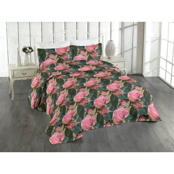 Ambesonne Floral Design Quilted Bedspread Set 3 Pcs, Delicate Rose Pattern, King, Pastel Pink Dark Teal