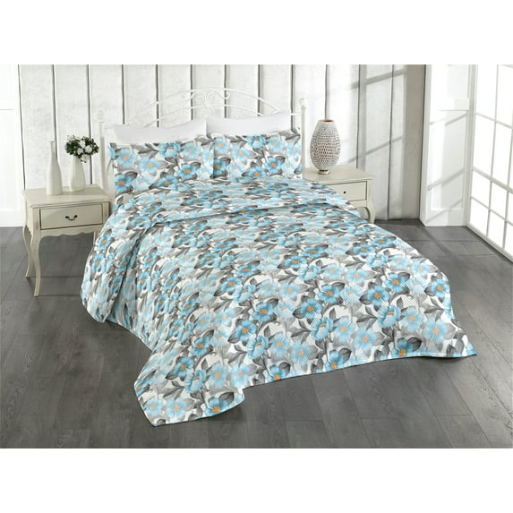 Ambesonne Floral Design Quilted Bedspread Set 3 Pcs, Drawings of Flowers, Twin, Deep Sky Blue Pale Grey