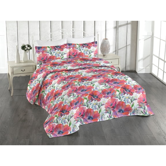 Ambesonne Floral Design Quilted Bedspread Set 3 Pcs, Garden Anemones Print, Queen, Dark Coral Fern Green