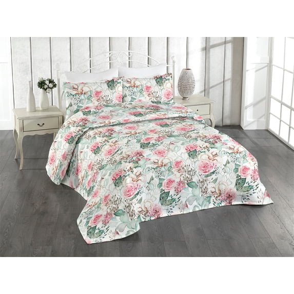 Ambesonne Floral Design Quilted Bedspread Set 3 Pcs, Garden Art Eucalyptus, Queen, Pale Pink Mint Green