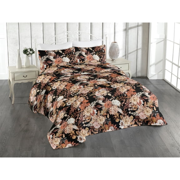 Ambesonne Floral Design Quilted Bedspread Set 3 Pcs, Garden Spring Flowers, King, Coral Blush Paprika
