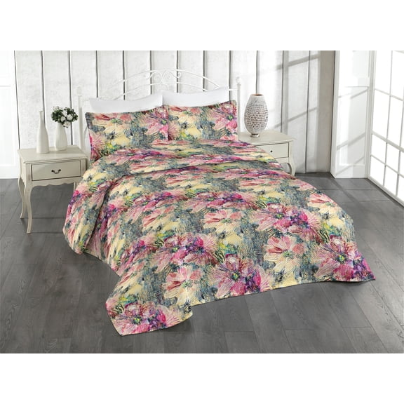 Ambesonne Floral Design Quilted Bedspread Set 3 Pcs, Grunge Flowers Meadow, Twin, Hot Pink Pastel Yellow