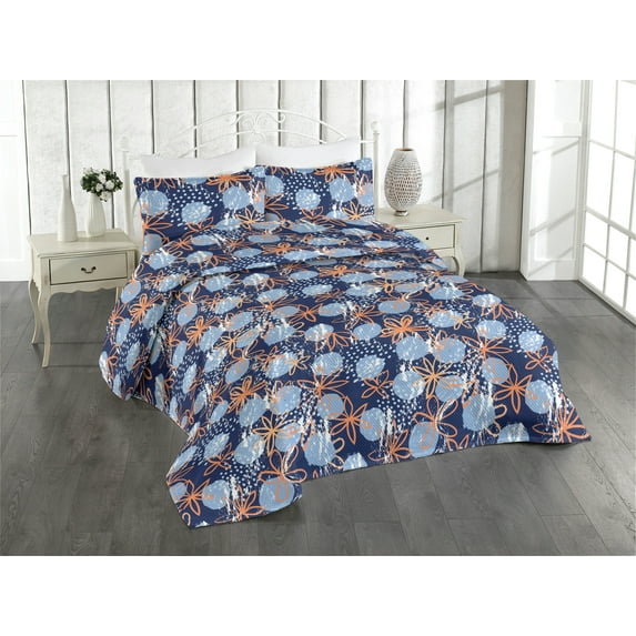 Ambesonne Floral Design Quilted Bedspread Set 3 Pcs, Grungy Modern Flowers, King, Dark Indigo Burnt Sienna