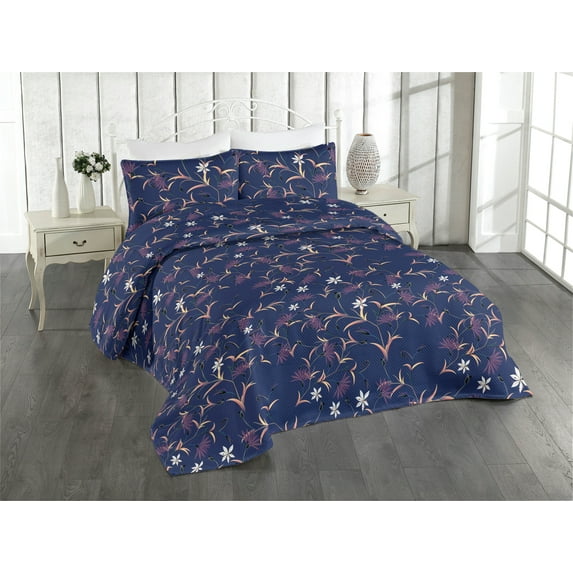 Ambesonne Floral Design Quilted Bedspread Set 3 Pcs, Japan Leafy Flowers, Twin, Indigo Pale Peach White
