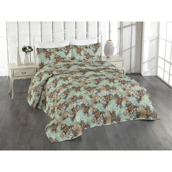 Ambesonne Floral Design Quilted Bedspread Set 3 Pcs, Japanese Anime Blooms, Twin, Almond Green Dark Khaki