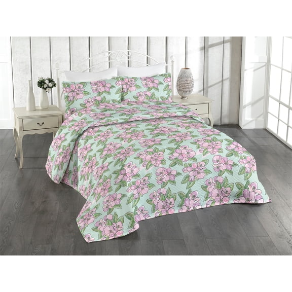 Ambesonne Floral Design Quilted Bedspread Set 3 Pcs, Leafy Pattern Flowers, Queen, Pale Fuchsia Fern Green