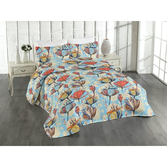 Ambesonne Floral Design Quilted Bedspread Set 3 Pcs, Modern Tulip Artwork, Queen, Cream Pale Azure Blue Red