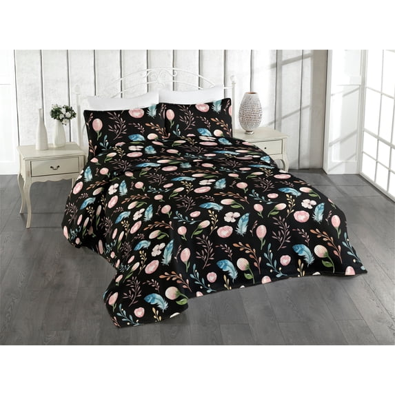 Ambesonne Floral Design Quilted Bedspread Set 3 Pcs, Night Flowers Print, Twin, Pale Pink Charcoal Grey