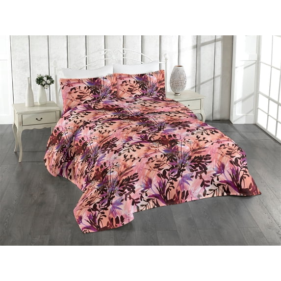 Ambesonne Floral Design Quilted Bedspread Set 3 Pcs, Romantic Wild Leaves, Queen, Coral Dark Fuchsia Indigo