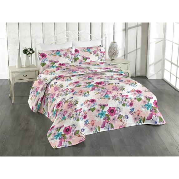 Ambesonne Floral Design Quilted Bedspread Set 3 Pcs, Spring Dreamy Flowers, Queen, Magenta Turquoise Blush