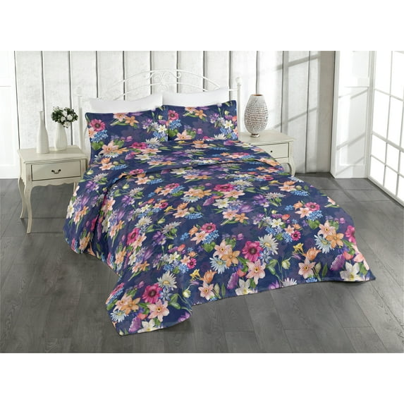 Ambesonne Floral Design Quilted Bedspread Set 3 Pcs, Springtime Flower Art, Twin, Dark Lavender Multicolor