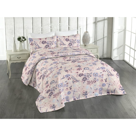 Ambesonne Floral Design Quilted Bedspread Set 3 Pcs, Springtime Flowers, Queen, Rose Lavender Maroon