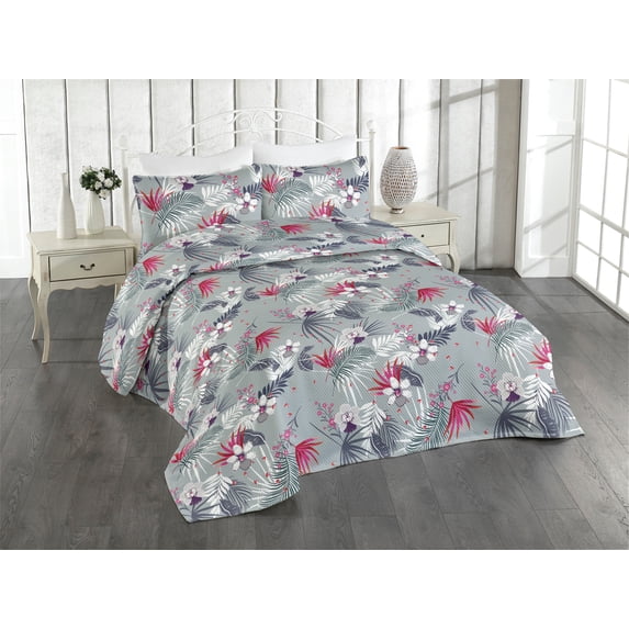 Ambesonne Floral Design Quilted Bedspread Set 3 Pcs, Tropical Boho Flowers, Queen, Dark Coral Pale Grey