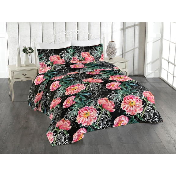 Ambesonne Floral Design Quilted Bedspread Set 3 Pcs, Watercolor Peony Art, Queen, Dark Coral Forest Green