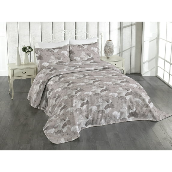 Ambesonne Floral Design Quilted Coverlet 2 Pcs, Art Abstract Flowers, Twin Size, Dimgray Pale Grey