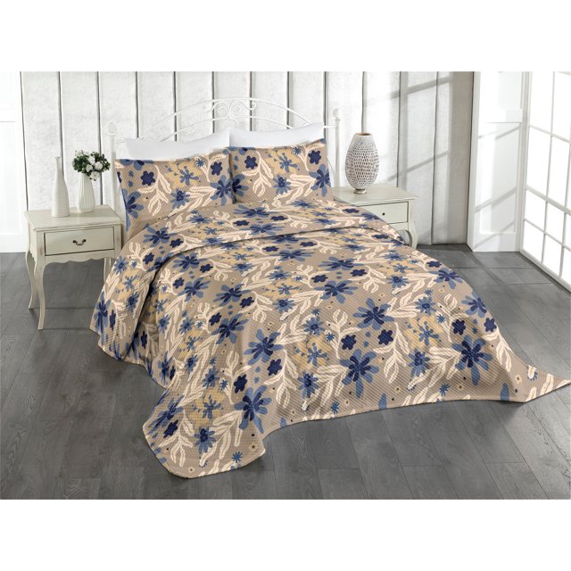 Ambesonne Floral Design Quilted Coverlet 2 Pcs, Bohemian Autumn Bloom, Twin Size, Dark Ceil Blue Eggshell