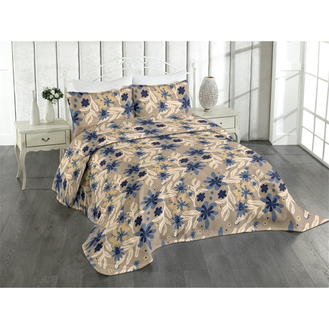Ambesonne Floral Design Quilted Coverlet 2 Pcs, Bohemian Autumn Bloom, Twin Size, Dark Ceil Blue Eggshell