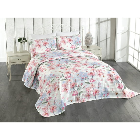 Ambesonne Floral Design Quilted Coverlet 2 Pcs, Chill Japanese Flower, Twin Size, Pale Pink Reseda Green