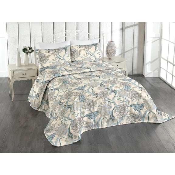 Ambesonne Floral Design Quilted Coverlet 2 Pcs, Flowers Retro Leaves, Twin Size, Cream Pale Azure Blue