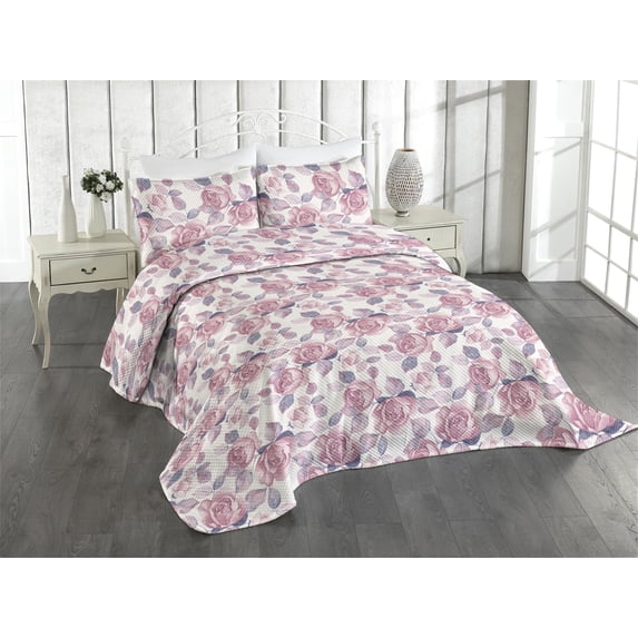 Ambesonne Floral Design Quilted Coverlet 2 Pcs, Nude Colors Flowers, Twin Size, Blush Indigo Pastel Pink