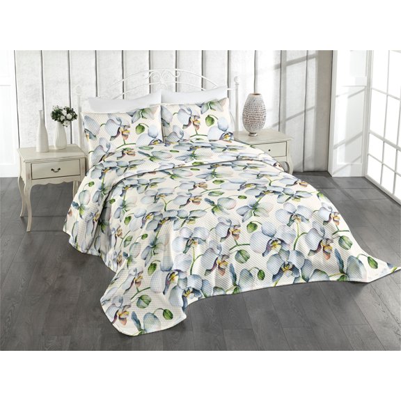 Ambesonne Floral Design Quilted Coverlet 2 Pcs, Orchid Pattern Boho, Twin Size, Reseda Green Soft Blue