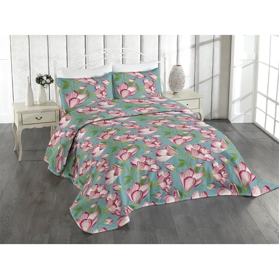 Ambesonne Floral Design Quilted Coverlet 2 Pcs, Retro Minimal Blooms, Twin Size, Fern Green Pale Rose Rose