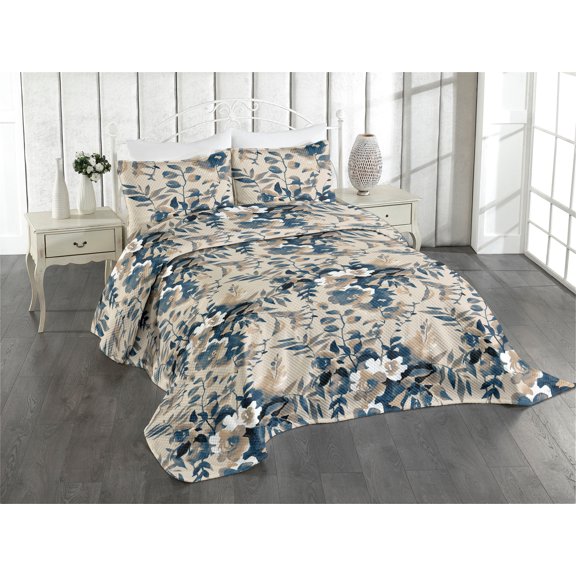 Ambesonne Floral Design Quilted Coverlet 2 Pcs, Vintage Reduncles Art, Twin Size, Eggshell Dark Lavender