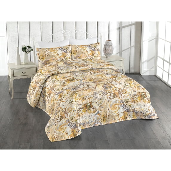 Ambesonne Floral Design Quilted Coverlet 3 Pcs, Abstract Garden Bloom, King Size, Champagne Multicolor