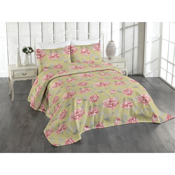 Ambesonne Floral Design Quilted Coverlet 3 Pcs, Art Flowers Modern, King Size, Pale Pink Apple Green