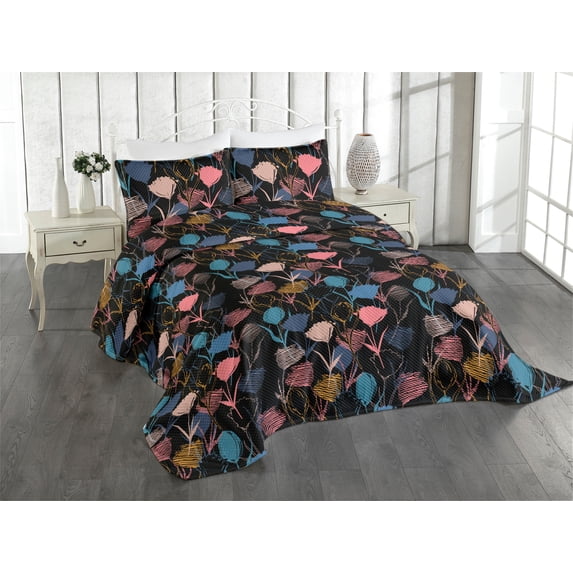 Ambesonne Floral Design Quilted Coverlet 3 Pcs, Art Silhouette Flower, King Size, Pastel Pink Sea Blue