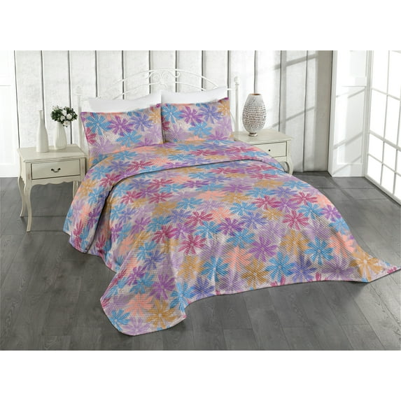 Ambesonne Floral Design Quilted Coverlet 3 Pcs, Flowers Psychedelic, Queen Size, Violet Deep Sky Blue