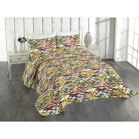 Ambesonne Floral Design Quilted Coverlet 3 Pcs, Garden Rose Flowers, King Size, Pale Olive Green Apricot