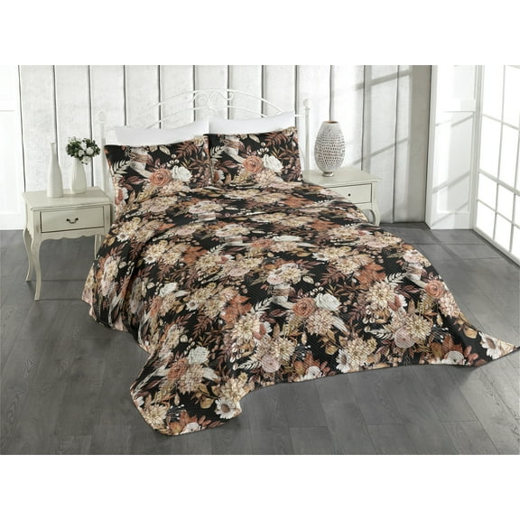 Ambesonne Floral Design Quilted Coverlet 3 Pcs, Garden Spring Flowers, King Size, Coral Blush Paprika