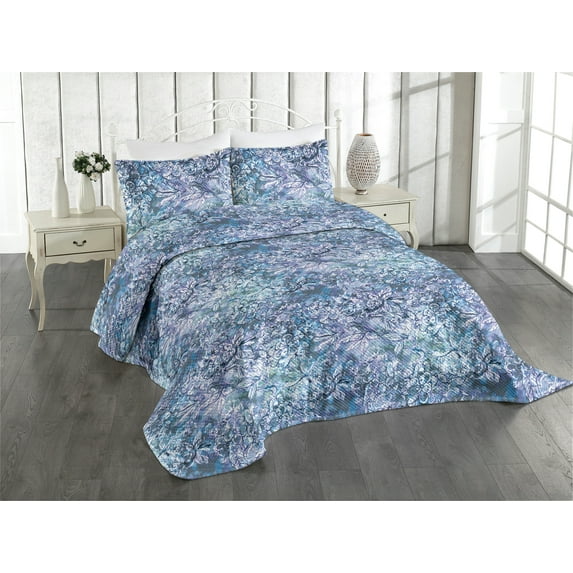 Ambesonne Floral Design Quilted Coverlet 3 Pcs, Grunge Jungle Scene, King Size, Pale Ceil Blue Off White