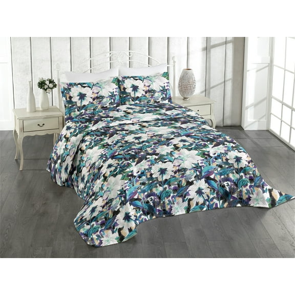 Ambesonne Floral Design Quilted Coverlet 3 Pcs, Modern Boho Stems Art, Queen Size, Seafoam Off White Indigo