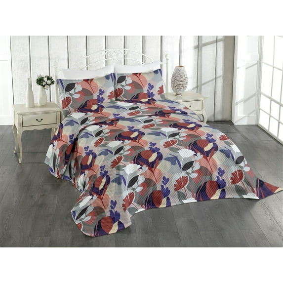 Ambesonne Floral Design Quilted Coverlet 3 Pcs, Modern Jungle Roses, Queen Size, Raspberry Quartz Coral