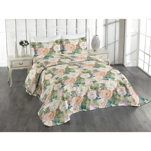 Ambesonne Floral Design Quilted Coverlet 3 Pcs, Nostalgic Rose Art, Queen Size, Peacock Green Champagne