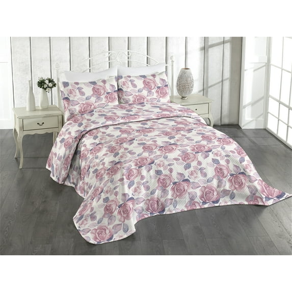 Ambesonne Floral Design Quilted Coverlet 3 Pcs, Nude Colors Flowers, King Size, Blush Indigo Pastel Pink