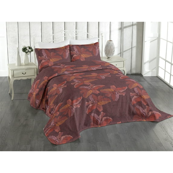 Ambesonne Floral Design Quilted Coverlet 3 Pcs, Spots Simple Flowers, Queen Size, Dark Coral Vermilion Ruby
